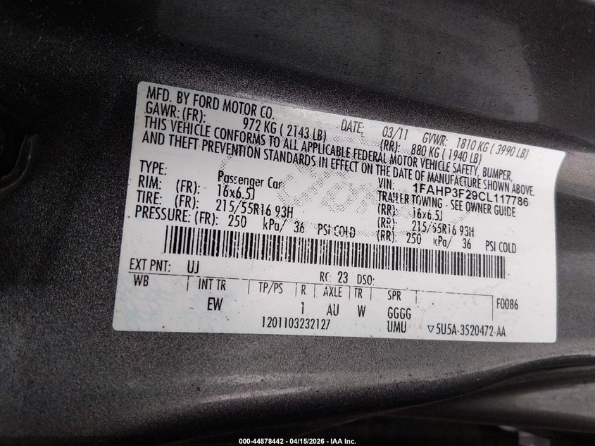 2012 Ford Focus Se VIN: 1FAHP3F29CL117786 Lot: 44878442