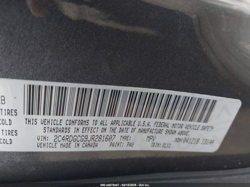 2018 Dodge Grand Caravan Sxt VIN: 2C4RDGCG9JR281607 Lot: 44878447