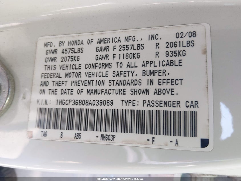 2008 Honda Accord 3.5 Ex-L VIN: 1HGCP36808A039069 Lot: 44878452