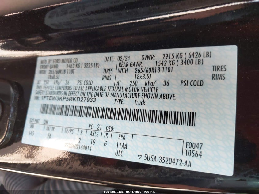 2024 Ford F-150 Xlt VIN: 1FTEW3KP5RKD27933 Lot: 44878485