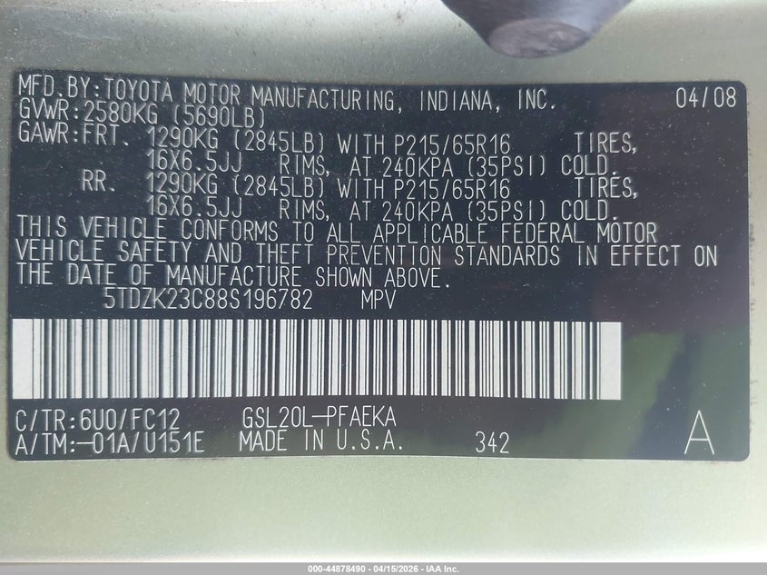 2008 Toyota Sienna Le VIN: 5TDZK23C88S196782 Lot: 44878490