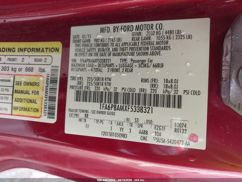 2015 Ford Mustang V6 VIN: 1FA6P8AMXF5338321 Lot: 44878502