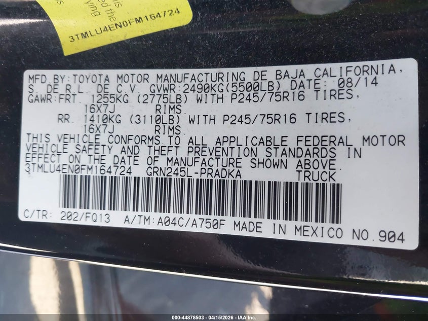 2015 Toyota Tacoma Base V6 VIN: 3TMLU4EN0FM164724 Lot: 44878503