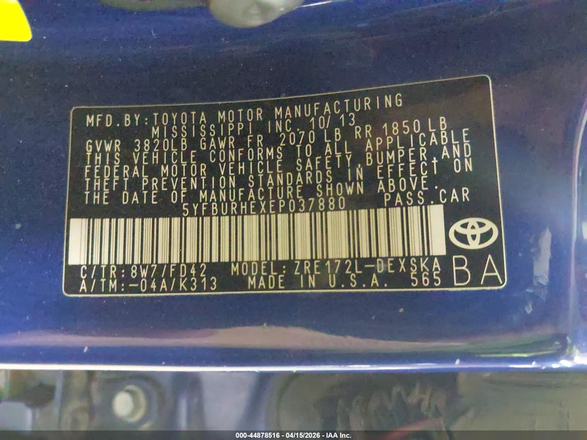 2014 Toyota Corolla S Plus VIN: 5YFBURHEXEP037880 Lot: 44878516