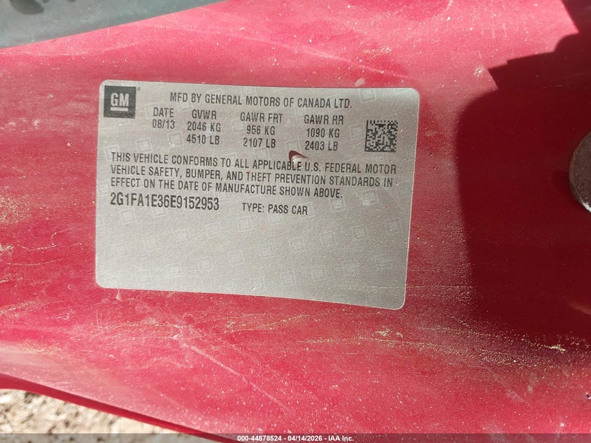 2014 Chevrolet Camaro Ls VIN: 2G1FA1E36E9152953 Lot: 44878524