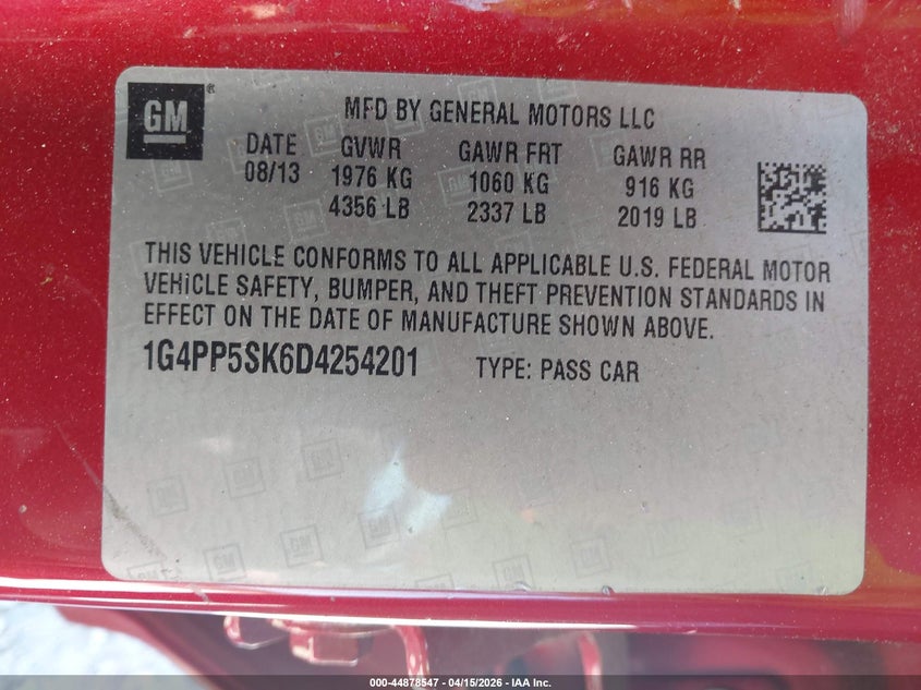 2013 Buick Verano VIN: 1G4PP5SK6D4254201 Lot: 44878547