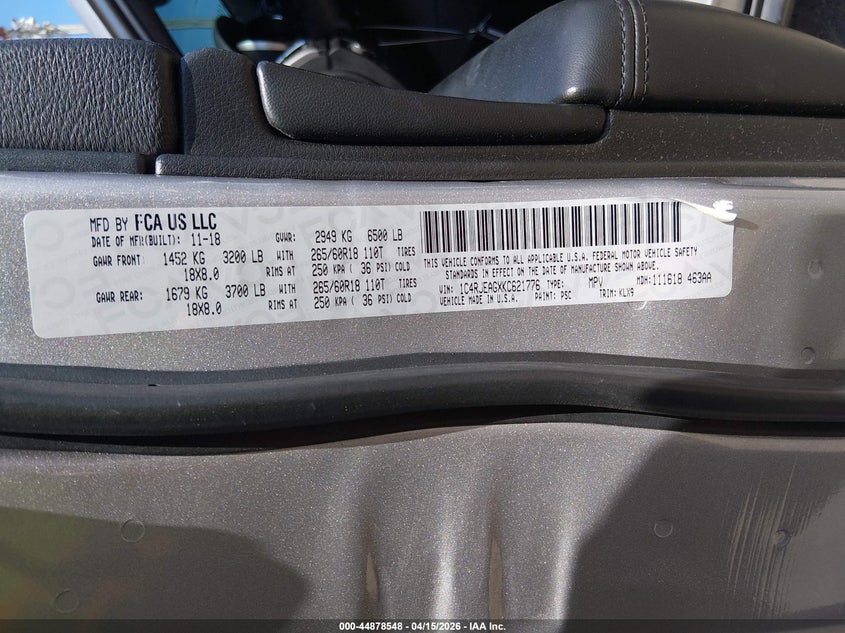 2019 Jeep Grand Cherokee Laredo E 4X2 VIN: 1C4RJEAGXKC621776 Lot: 44878548