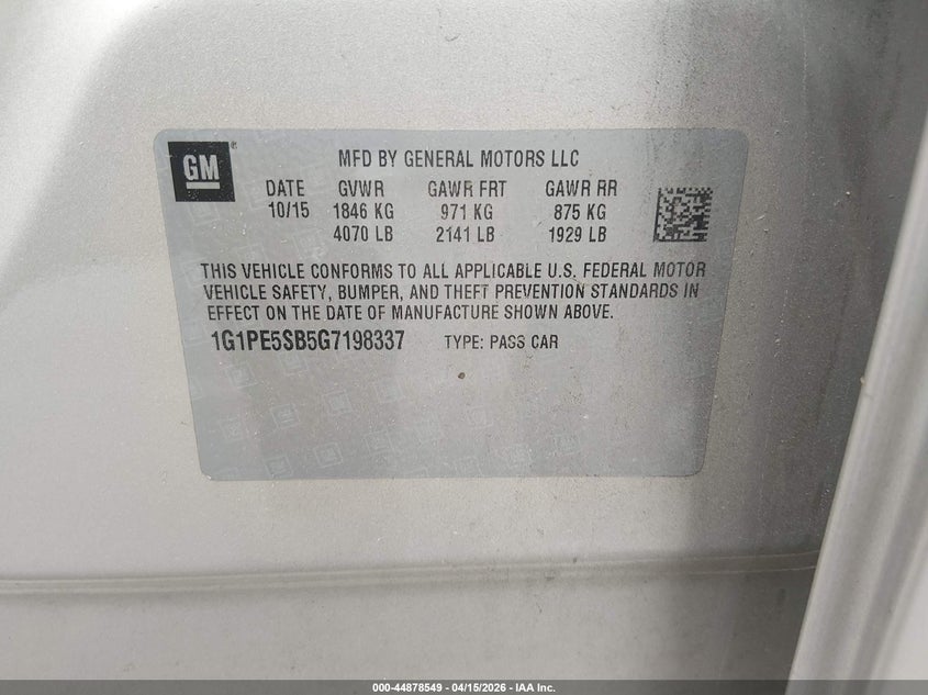 2016 Chevrolet Cruze Limited 1Lt Auto VIN: 1G1PE5SB5G7198337 Lot: 44878549