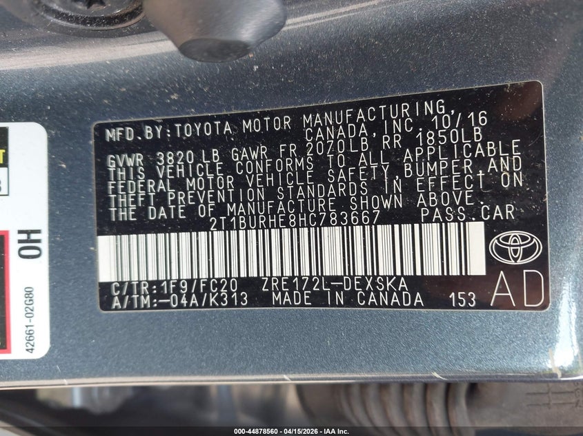 2017 Toyota Corolla Se VIN: 2T1BURHE8HC783667 Lot: 44878560