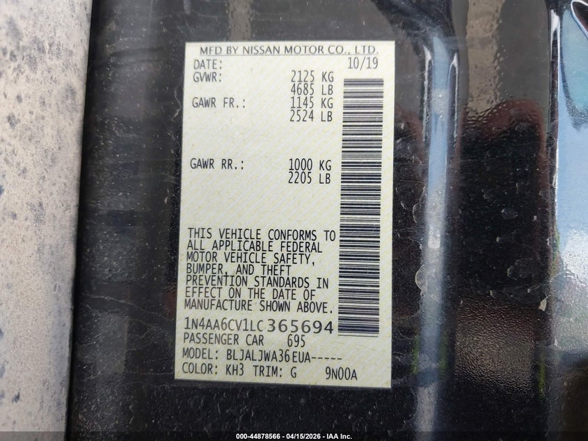 2020 Nissan Maxima Sv Xtronic Cvt VIN: 1N4AA6CV1LC365694 Lot: 44878566