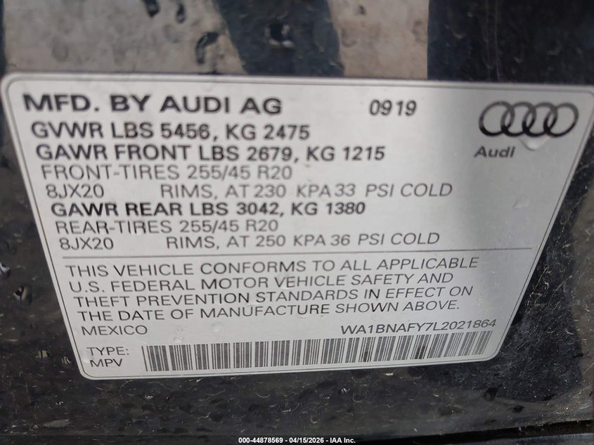 2020 Audi Q5 Premium Plus 45 Tfsi Quattro S Tronic VIN: WA1BNAFY7L2021864 Lot: 44878569