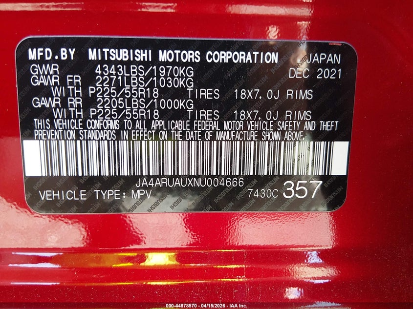 2022 Mitsubishi Outlander Sport 2.0 Es Awc VIN: JA4ARUAUXNU004666 Lot: 44878570