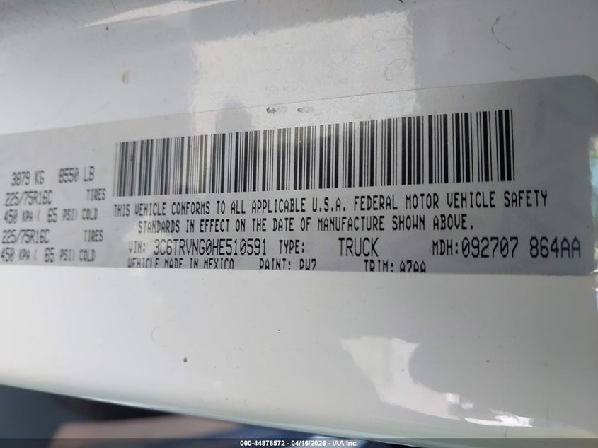 2017 Ram Promaster 1500 Low Roof 118 Wb VIN: 3C6TRVNG0HE510591 Lot: 44878572