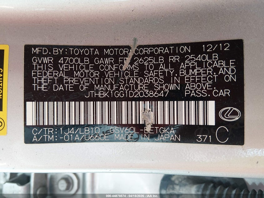 2013 Lexus Es 350 VIN: JTHBK1GG1D2038647 Lot: 44878574