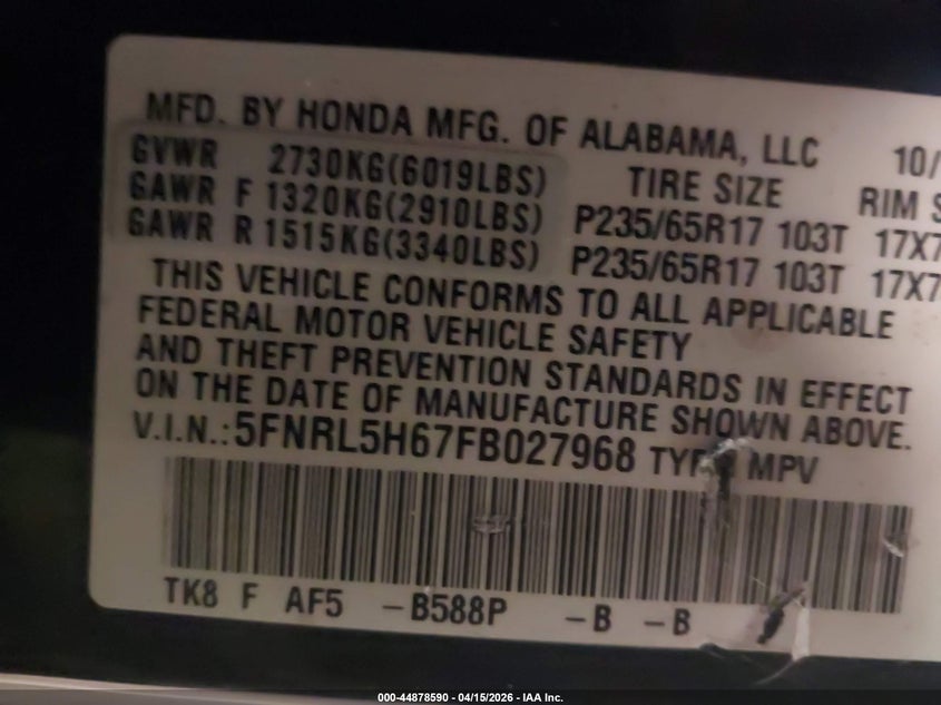 2015 Honda Odyssey Ex-L VIN: 5FNRL5H67FB027968 Lot: 44878590