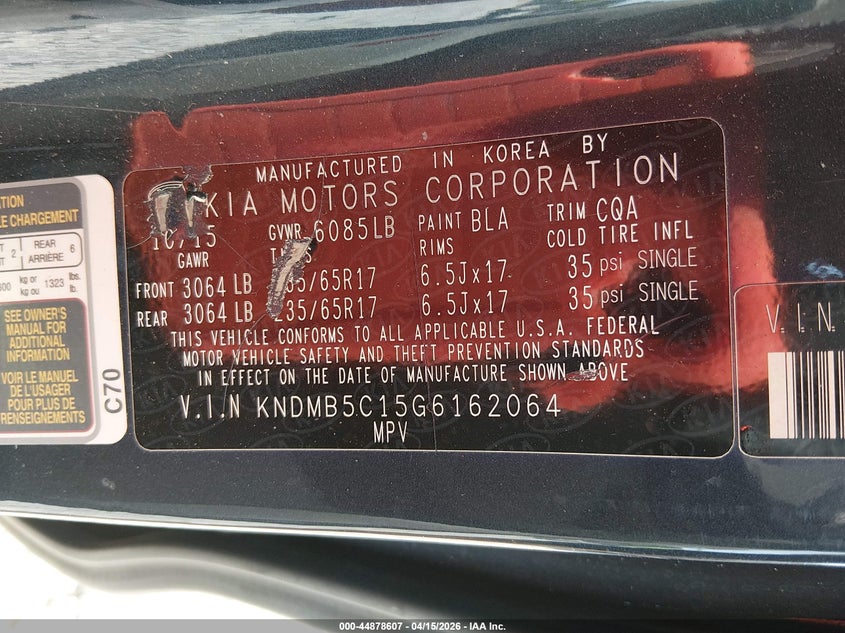 2016 Kia Sedona Lx VIN: KNDMB5C15G6162064 Lot: 44878607