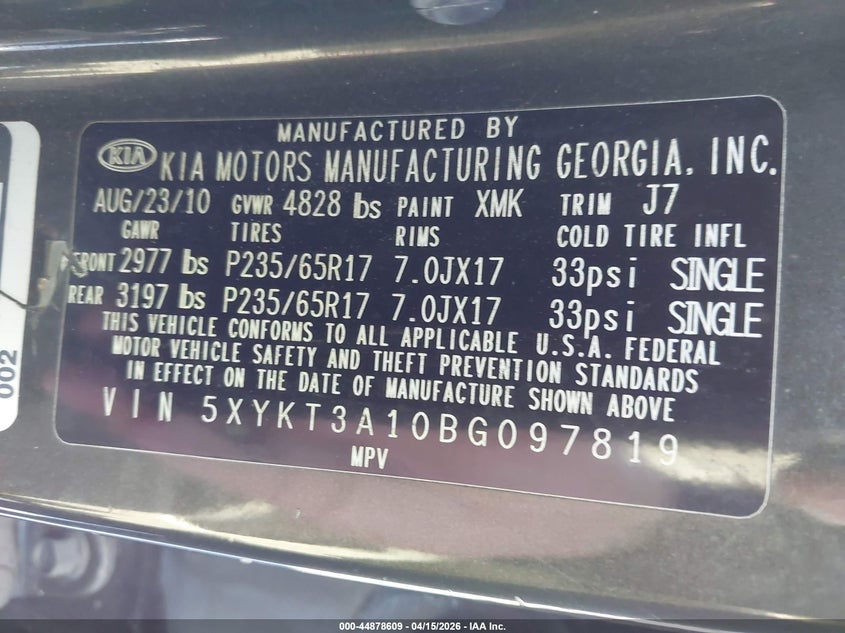 2011 Kia Sorento Lx VIN: 5XYKT3A10BG097819 Lot: 44878609