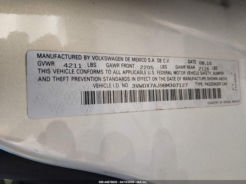 2011 Volkswagen Jetta 2.5L Se VIN: 3VWDX7AJ9BM307127 Lot: 44878620