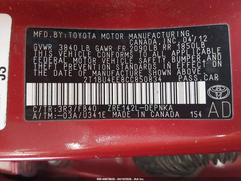 2012 Toyota Corolla Le VIN: 2T1BU4EE8CC850834 Lot: 44878630