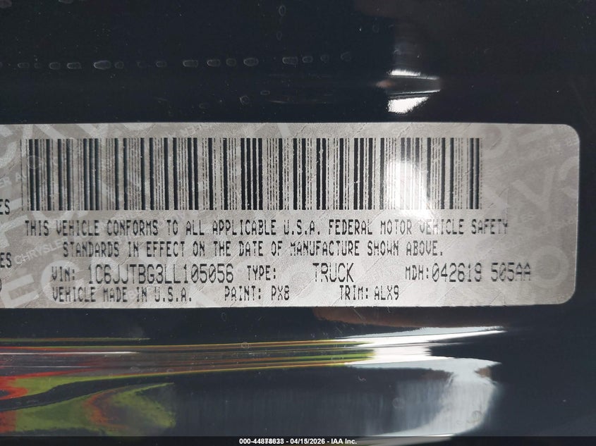 2020 Jeep Gladiator Rubicon 4X4 VIN: 1C6JJTBG3LL105056 Lot: 44878633
