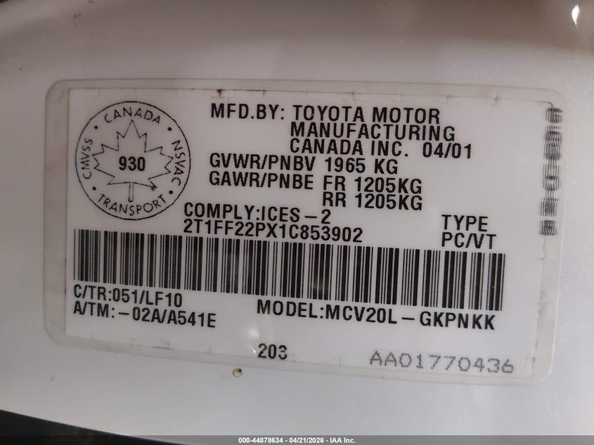 2001 Toyota Camry Solara Sle V6 VIN: 2T1FF22PX1C853902 Lot: 44878634