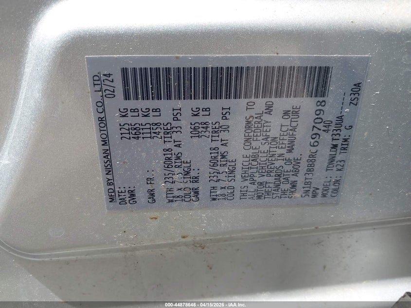 2024 Nissan Rogue Sv Intelligent Awd VIN: 5N1BT3BB8RC697098 Lot: 44878646