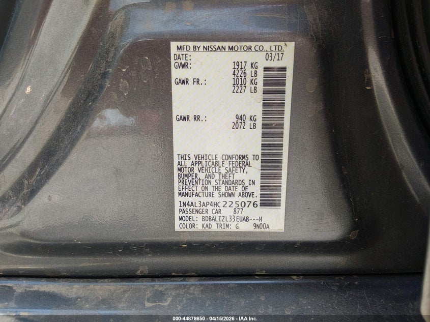 2017 Nissan Altima 2.5 Sv VIN: 1N4AL3AP4HC225076 Lot: 44878650