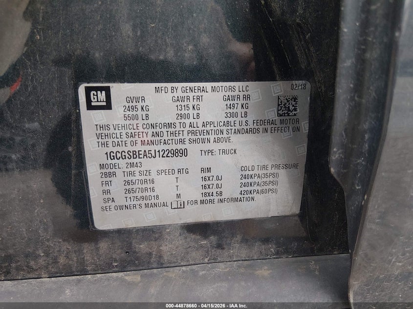 2018 Chevrolet Colorado Wt VIN: 1GCGSBEA5J1229890 Lot: 44878660