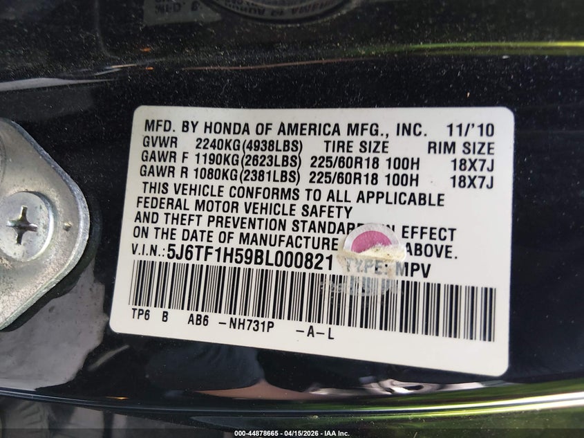 2011 Honda Accord Crosstour Ex-L VIN: 5J6TF1H59BL000821 Lot: 44878665