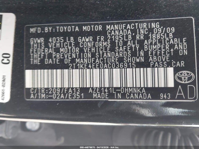 2010 Toyota Matrix S VIN: 2T1KE4EE0AC036915 Lot: 44878670