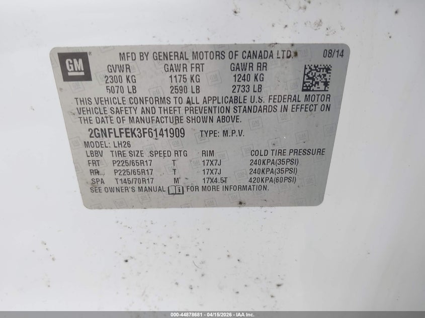 2015 Chevrolet Equinox 1Lt VIN: 2GNFLFEK3F6141909 Lot: 44878681