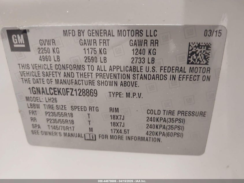 2015 Chevrolet Equinox 2Lt VIN: 1GNALCEK0FZ128869 Lot: 44878686