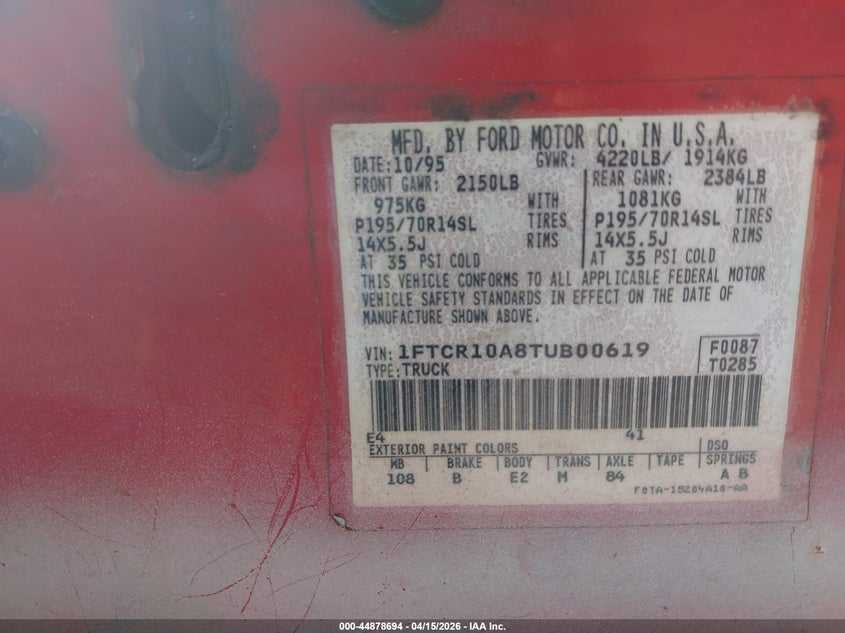 1996 Ford Ranger VIN: 1FTCR10A8TUB00619 Lot: 44878694