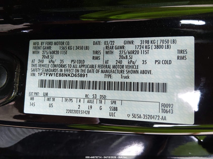 2022 Ford F-150 Xlt VIN: 1FTFW1E88NKD65891 Lot: 44878714