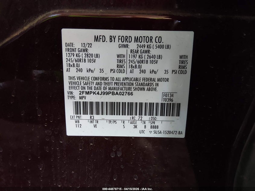2023 Ford Edge Sel VIN: 2FMPK4J99PBA02766 Lot: 44878715
