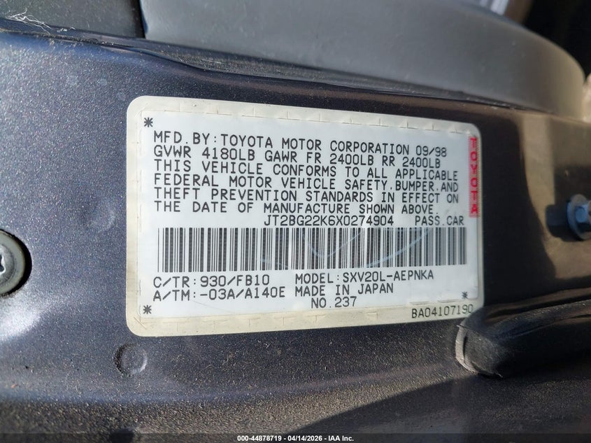 1999 Toyota Camry Le VIN: JT2BG22K6X0274904 Lot: 44878719