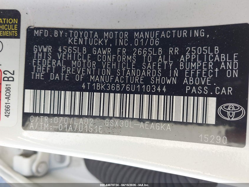 2006 Toyota Avalon Xls VIN: 4T1BK36B76U110344 Lot: 44878724