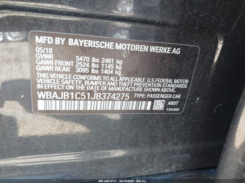2018 BMW 530E xDrive Iperformance VIN: WBAJB1C51JB374275 Lot: 44878731