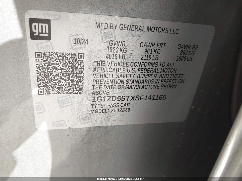 2025 Chevrolet Malibu Fwd 1Lt VIN: 1G1ZD5STXSF141165 Lot: 44878737