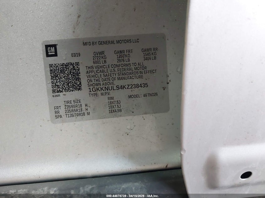 2019 GMC Acadia Slt-1 VIN: 1GKKNULS4KZ238435 Lot: 44878739