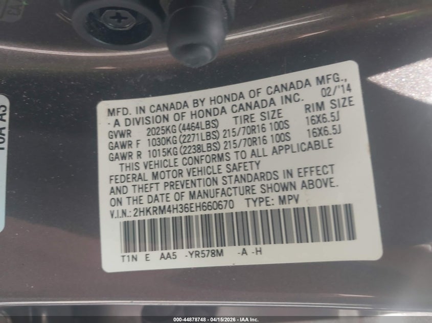 2014 Honda Cr-V Lx VIN: 2HKRM4H36EH660670 Lot: 44878748