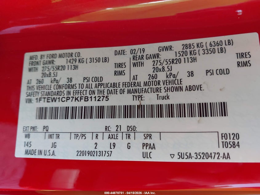 2019 Ford F-150 2.7 Xl red Lot 111044878751 Vin 1FTEW1CP7KFB11275