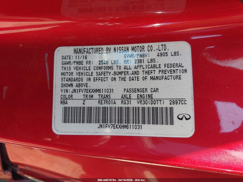 2017 Infiniti Q60 3.0T Red Sport 400 VIN: JN1FV7EKXHM611031 Lot: 44878754