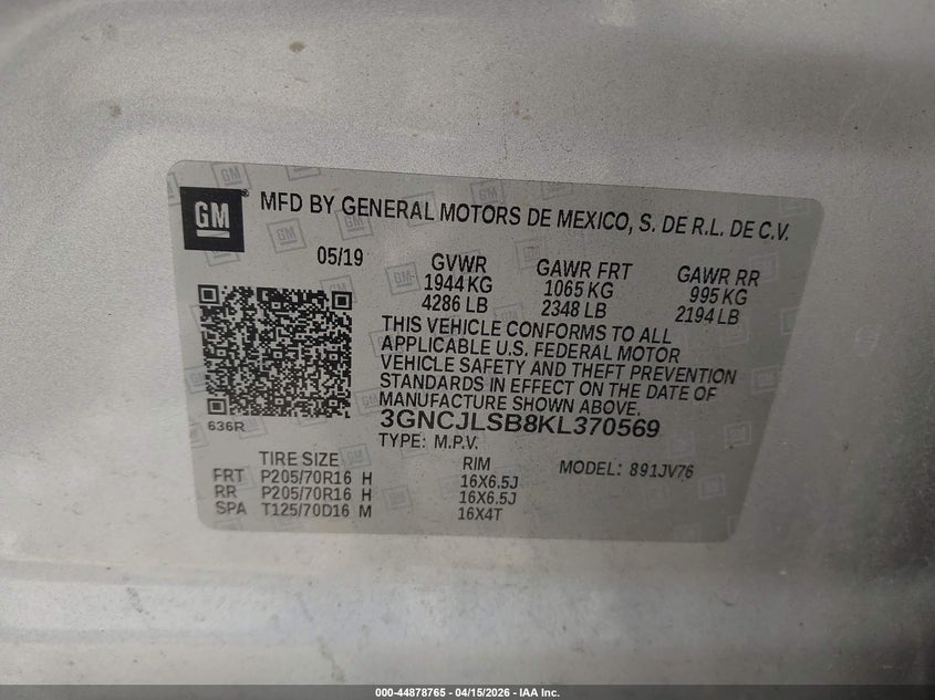 2019 Chevrolet Trax Lt VIN: 3GNCJLSB8KL370569 Lot: 44878765