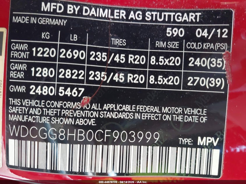 2012 Mercedes-Benz Glk 350 4Matic VIN: WDCGG8HB0CF903999 Lot: 44878770