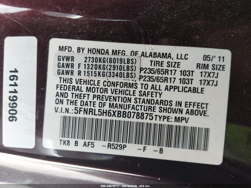 2011 Honda Odyssey Ex-L VIN: 5FNRL5H6XBB078875 Lot: 44878777
