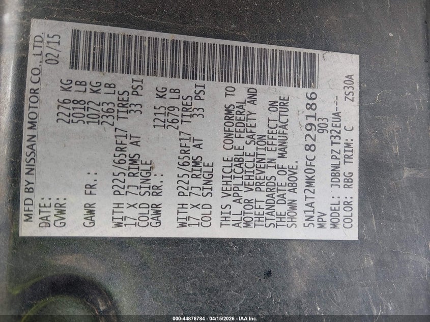 2015 Nissan Rogue S VIN: 5N1AT2MK0FC829186 Lot: 44878784