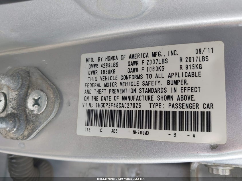 2012 HONDA ACCORD SEDAN 2.4L I-4 DOHC, VVT, 177HP