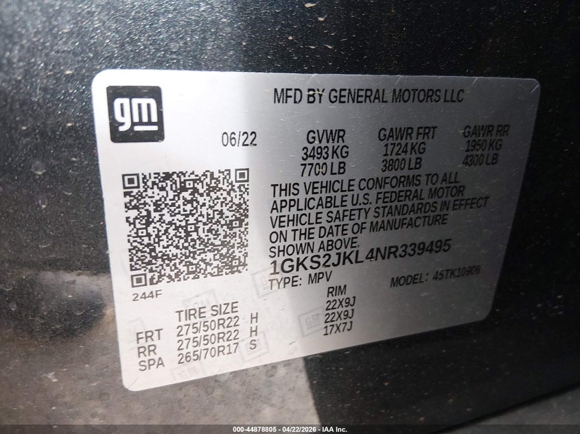 2022 GMC Yukon Xl 4Wd Denali VIN: 1GKS2JKL4NR339495 Lot: 44878805