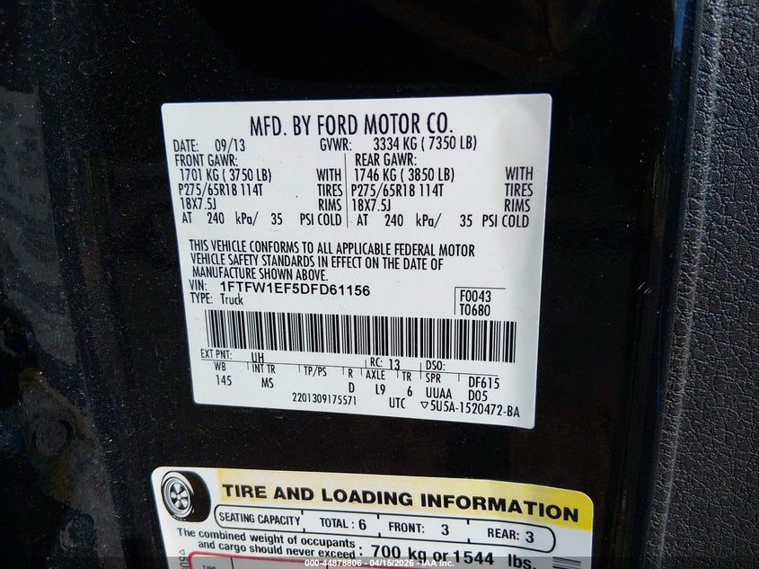 2013 Ford F-150 Xlt VIN: 1FTFW1EF5DFD61156 Lot: 44878806